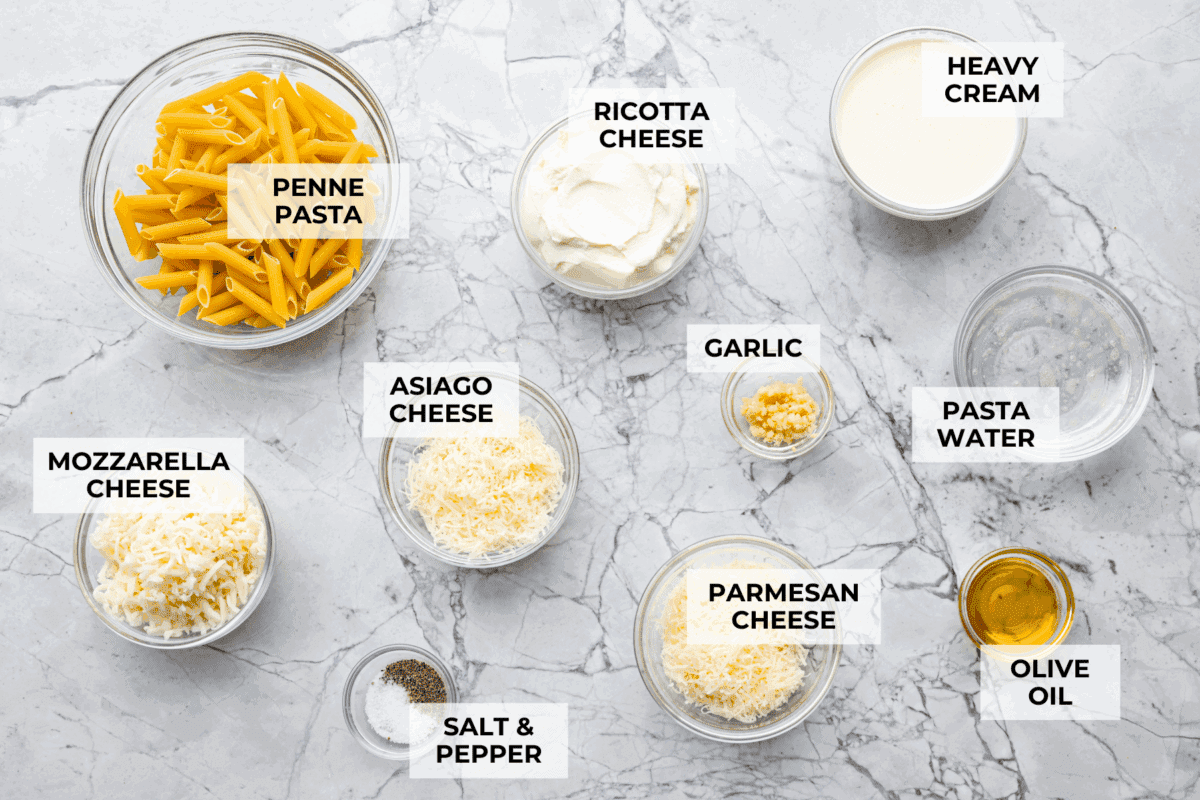 Craving something cozy, cheesy, and totally irresistible? My four cheese pasta brings comfort with a creamy ricotta base and a melty mix of easy-to-find Italian cheeses. It’s indulgent and totally hits the flavor jackpot! Overhead shot of labeled ingredients.