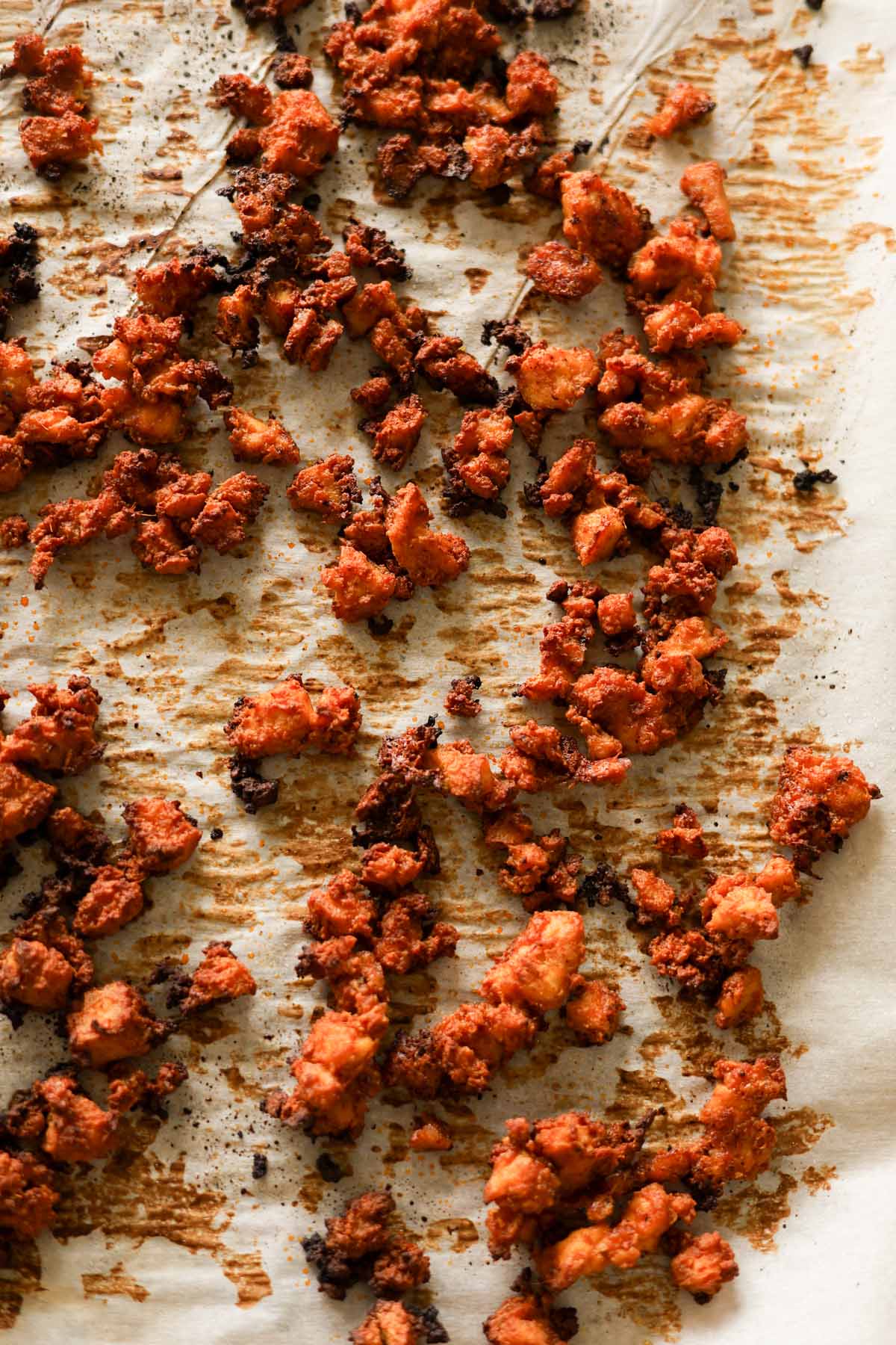 gochujang tofu on the baking sheet after baking