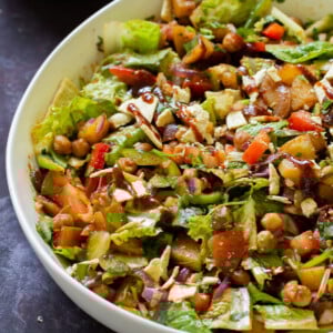 close-up of BBQ chickpea and potato salad in the serving bowl