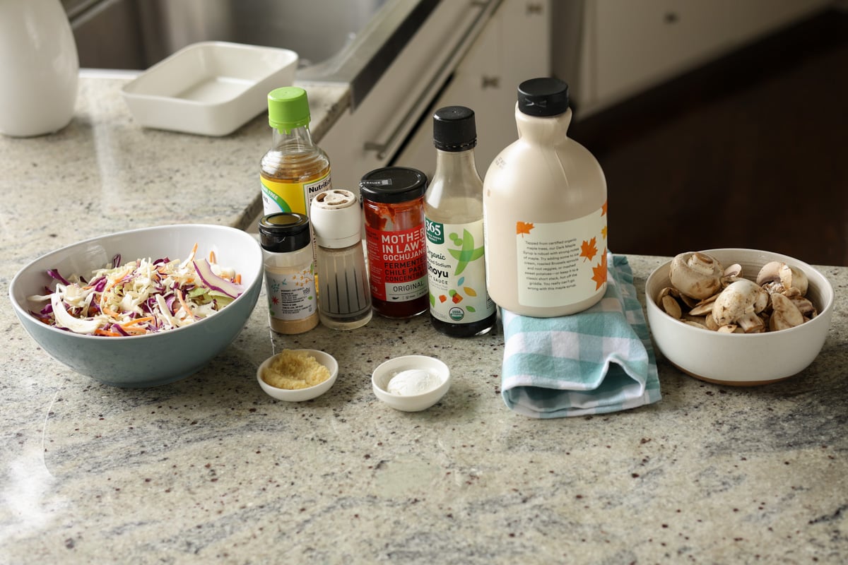 gochujang tacos ingredients on the kitchen counter
