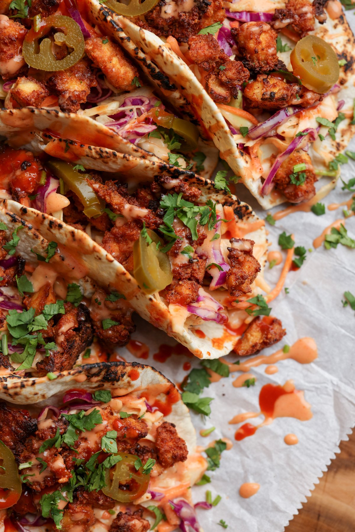 close-up of gochujang tacos