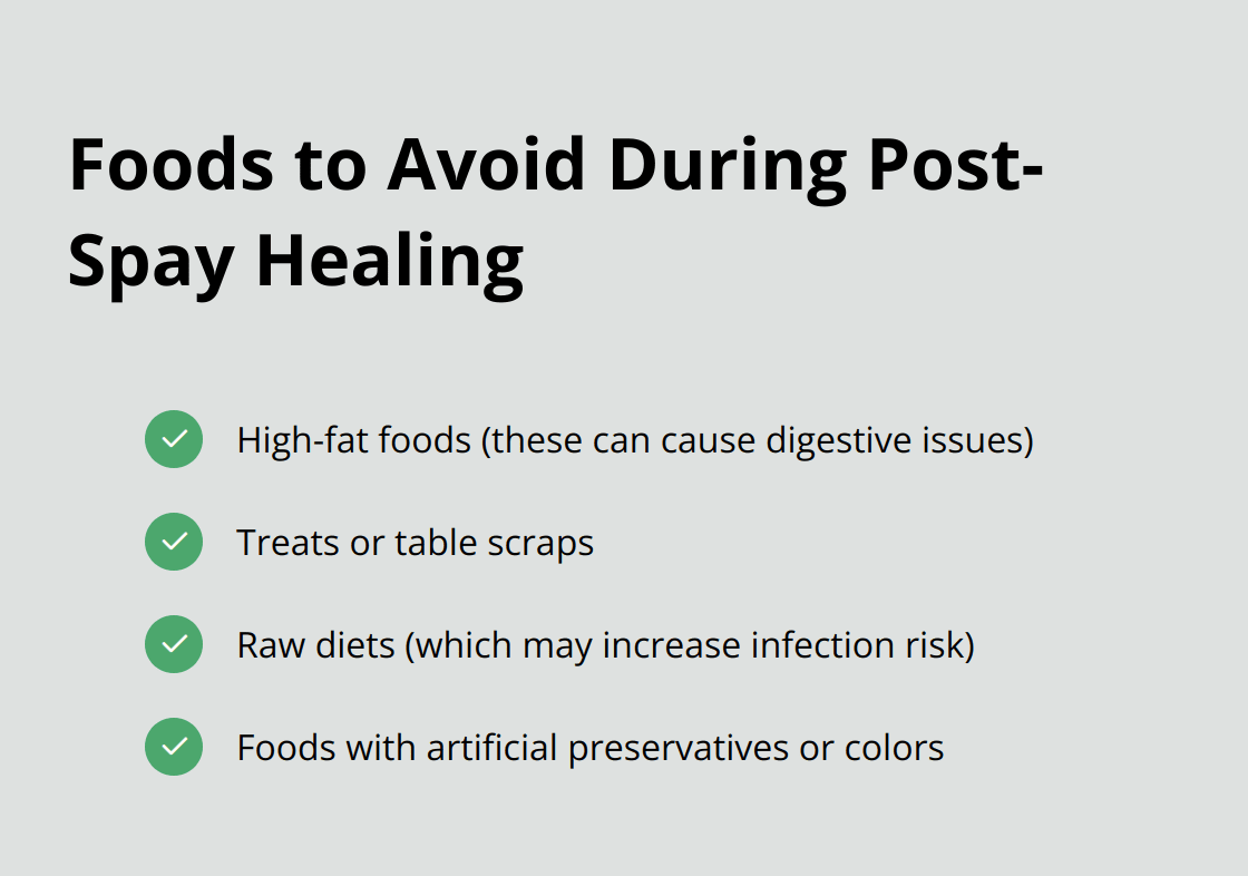 Checklist of 4 types of foods to avoid during your dog's post-spay healing process: high-fat foods, treats or table scraps, raw diets, and foods with artificial preservatives or colors. - dog spay recovery tips