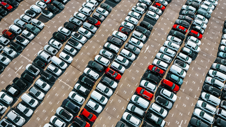 Two rows of red, white, and blue cars with sky in the background