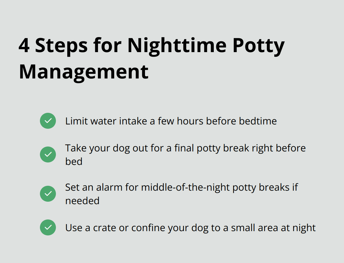 Checkmark list of four steps to manage nighttime potty training for dogs - tips for potty training a dog