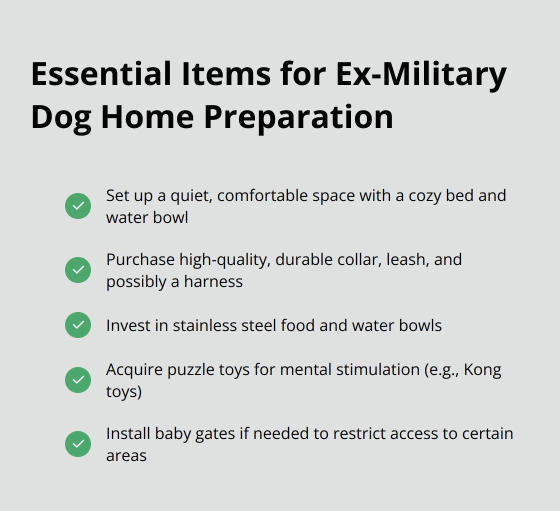 A checklist of essential items needed to prepare a home for an ex-military dog, including a safe haven, durable equipment, and training resources. - how to adopt ex military dogs