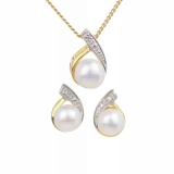 Pearl Diamond Necklace Earrings Gold Plated Sterling Silver  Wedding Set Boxed