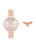 Olivia Burton 3D Bee Rose Gold Mesh Bracelet Watch + Gift Bee Pin Set