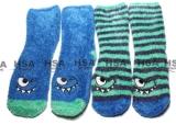 2 Pack Boys Kids Toddler Blue Monster Fluffy Slipper Bed Warm Fuzzy Socks 1-4 yr