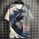 Samurai Cat T-Shirt for Men Summer Trendy Japanese Short Sleeve Tees Oversized