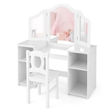 2-in-1 Kids Vanity Makeup Dressing Table & Chair Set Tri-Folding Mirror &Storage