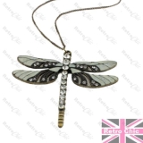 BIG ENAMEL/CRYSTAL DRAGONFLY charm pendant NECKLACE long BOHO vintage brass
