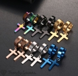 Men Women 316L Surgical Steel Hoop Earrings with Cross Silver Gold Black Blue