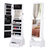 HOMCOM Mirrored Jewelry Cabinet Armoire Floor Standing w/ Lock, LED Light White
