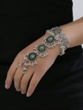 Indian Silver oxidised Green Crystal Finger Wrist Chain Bracelet Jewellery Set