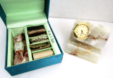 Marble Desk Clock and Wristwatch with Changeable Cloth Bands Vintage Lot