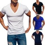Mens V-Neck Sold T Shirts Short Sleeve Muscle Slim Fit Summer Sport Gym Tee Tops