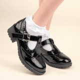 Lilley Kids Shoe Black Girls School Shoe Patent Brogue T-Bar Buckle Fasten Cam