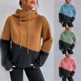 Women Long Sleeve Warm Ladies Hooded Sweatshirts Color Block Splicing Hoodies