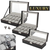 Watch Display Grid Box Lockable Case Faux Leather Jewellry Storage Organiser Key