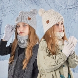 Girls Boys Winter Beanie Hat Scarf and Gloves Set Kids Double Pompom Knitted Hat