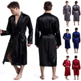 UK Men Long Satin Silk Pajamas Kimono Bathrobe Robe Dressing Gown Pjs Loungewear