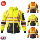 Men’s Hi Vis Hoodie High Viz Reflective Safety Workwear Sweatshirt zip Pockets