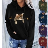 Ladies Casual CAT Printed Hooded Sweatshirt Pocket Hoodies Tops Jumper Plus Size