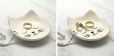 Set of 2 Ceramic White & Gold Cat Trinket Ring Dishes Jewellery Stand Coin Bowl