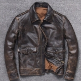 Mens Vintage Dark Brown Distressed Real Sheep Leather Jacket Biker Style Collard