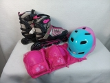 Schwinn In-Line Roller Skates Girls Sizes 5-8 Four Wheels W/ Helmet, 2 Knee Pads