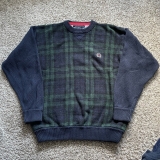 Vintage Tommy Hilfiger Sweater Mens XL Green Navy Black Watch Plaid Chunky Knit