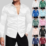 Mens Solid Satin Luxury Dress Shirt Slim Formal Wedding Party Long Sleeve Shirts