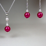 Hot fuchsia pink pearls pendant necklace earrings silver wedding jewelry set