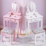 Kids Dressing Table & Stool Set Makeup Table with Drawers and Mirror Girls Gift