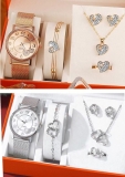 Watch Bracelet Necklace Earrings Gift Box Set Women Girls Christmas 5 Pcs Set