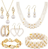 8 Pcs Pearl Rhinestone Jewelry Set for Women Pearl Necklace Earrings Bracelet Se