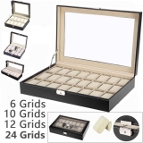 New Watch Display Grid Box Lockable Case Faux Leather Jewellry Storage Organiser
