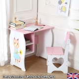 Kids Desk and Chair Set with Storage Shelves Wooden Writing Study Table & Stool