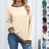 Loose fit womens hoodie casual multicolored ribbed roundneck longsleeved top