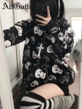 Women’s Alt Goth Y2K Hoodie Skull Print Zip Sweatshirt Cyberpunk Indie Top