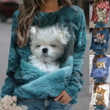 Plus Size Cat Printed Pullover Ladies Long Sleeve Blouse Hoodie Sweatshirts Tops