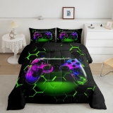 Comforter Set Queen Size, Green Honeycomb Gamepad Bedding Set 3pcs for Kids
