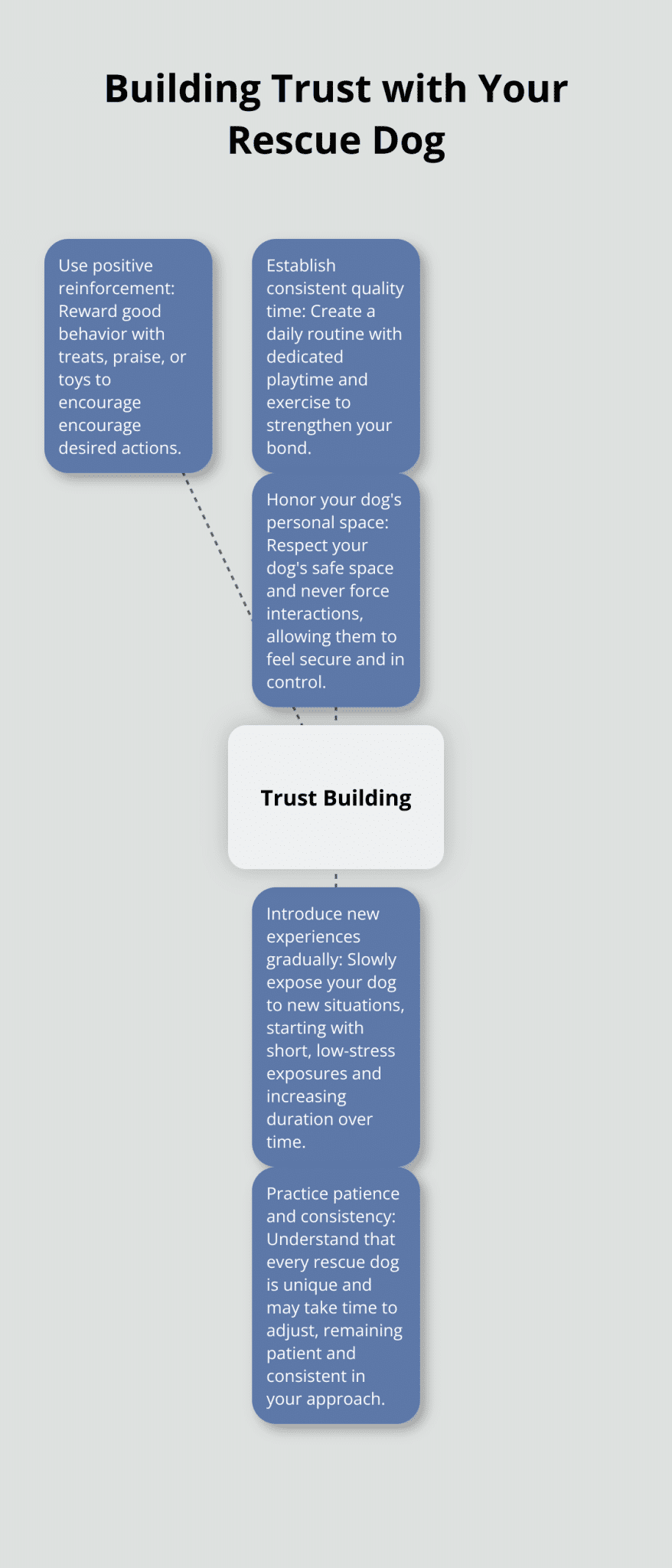 Hub and spoke chart showing five methods to build trust with a rescue dog: positive reinforcement, quality time, respecting space, gradual introductions, and patience. - tips for bringing a rescue dog home