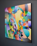 “Geometric Rhythms” a colorful, original acrylic painting with undulat – Sally Trace Abstract Paintings