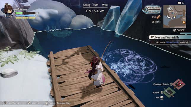 Catching a fish at a fishing hole in Rune Factory: Guardians of Azuma.