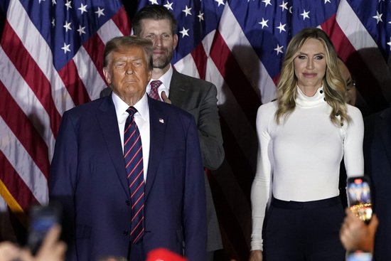 FILE - Republican presidential candidate former President Donald Trump, from left, arrives to speak at a primary election night party in Nashua, N.H., Jan. 23, 2024, with Eric Trump and Lara Trump. (AP Photo/Pablo Martinez Monsivais, File) FILE - Republican presidential candidate former President Donald Trump, from left, arrives to speak at a primary election night party in Nashua, N.H., Jan. 23, 2024, with Eric Trump and Lara Trump. (AP Photo/Pablo Martinez Monsivais, File)