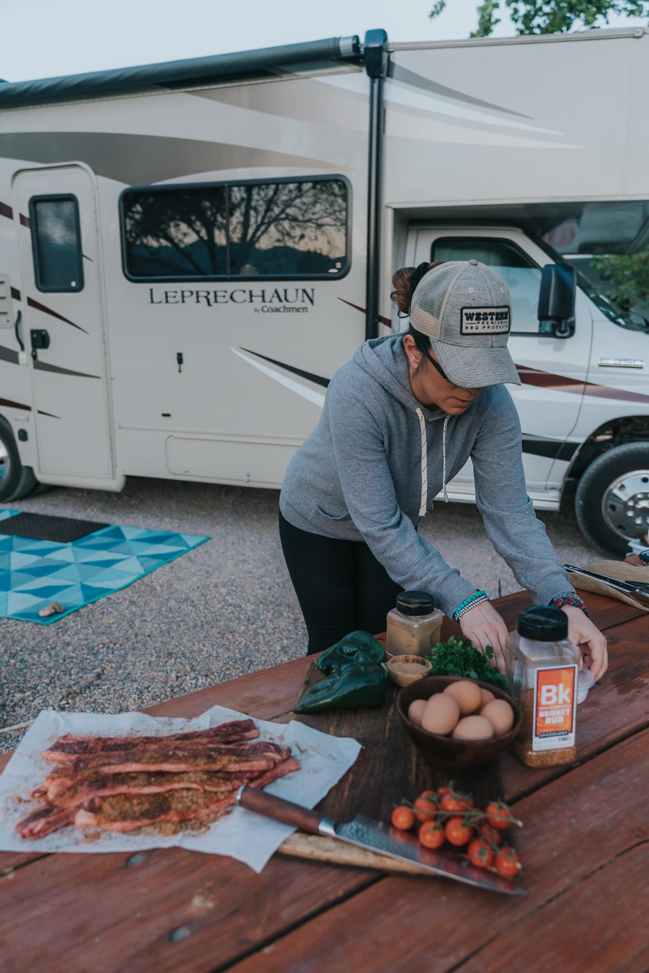 Kita Robers, girl carnivore, making breakfast at RV site, with short ribs and eggs in frame