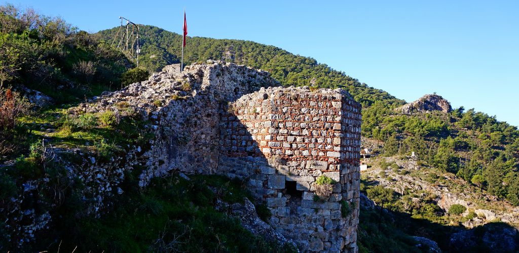 An old historical castle at the edge of the mountain and has a flag on the top.