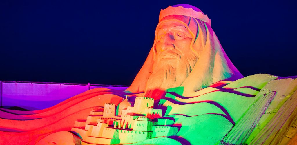 An outdoor museum with a sand sculpture of a man and a miniature castle.