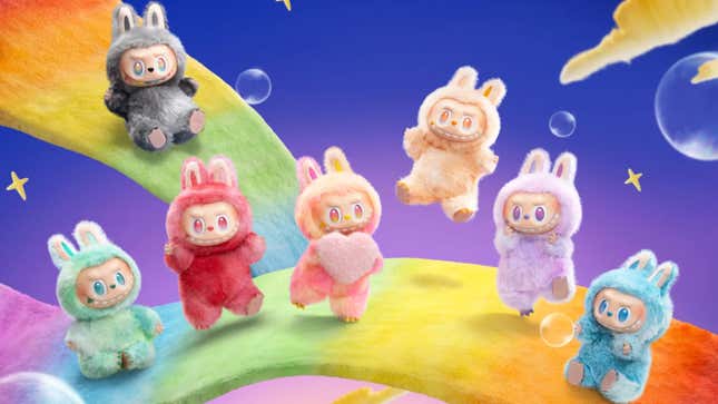 A group of Labubu dolls hanging out on a rainbow.